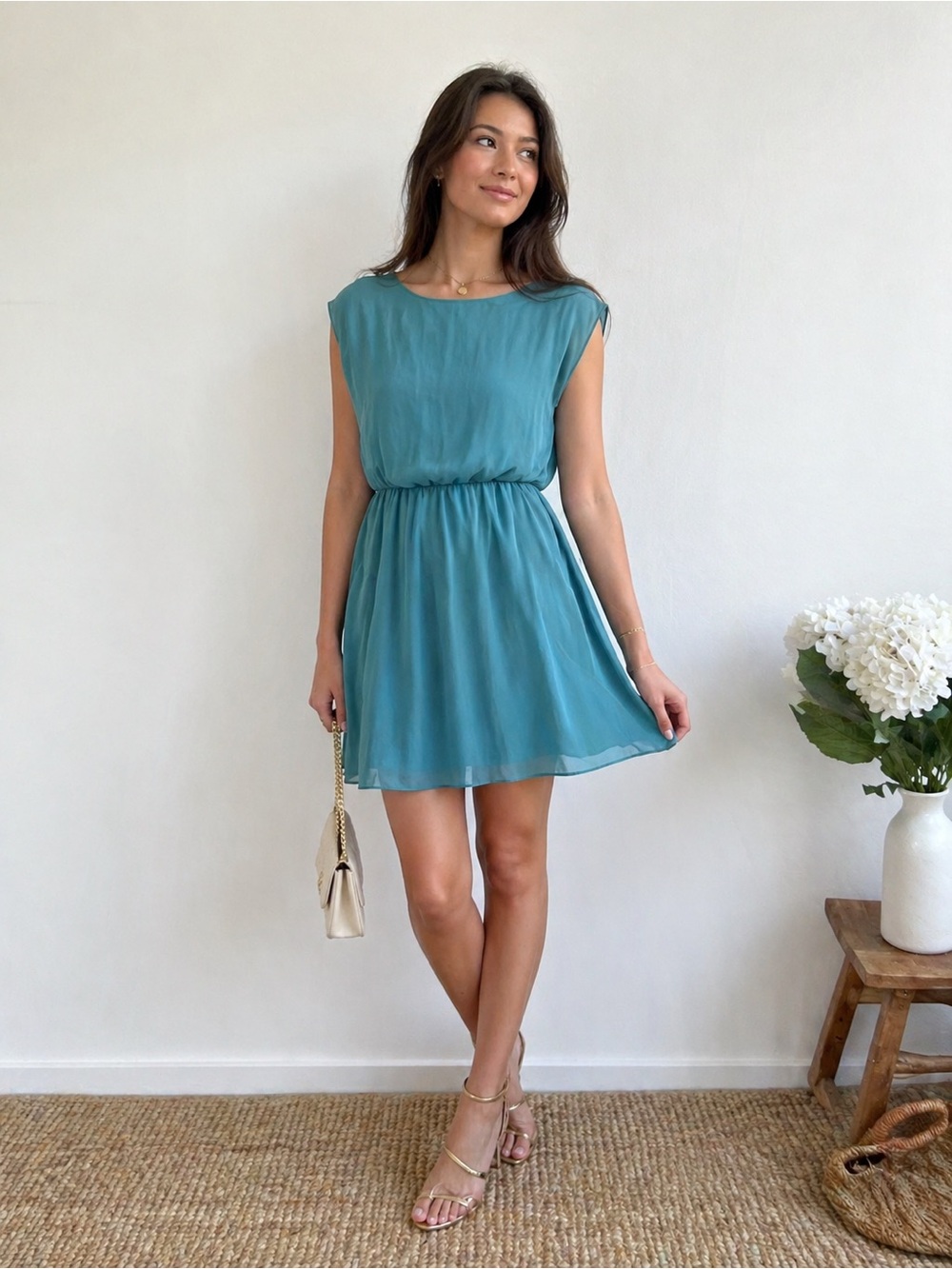 Lush Teal Turquoise Chiffon Mini Dress XS Flowy Elastic Waist Sheer Overlay - Picture 1 of 13
